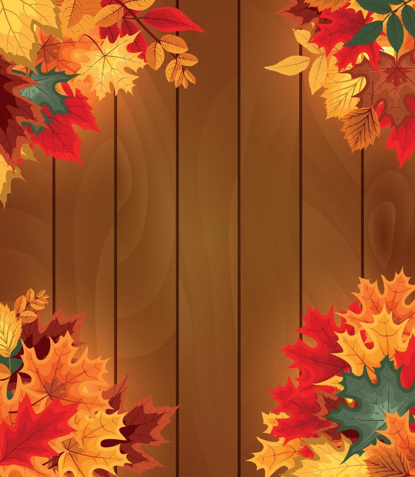 ilustração vetorial abstrato de fundo com folhas de outono caindo e tábuas de madeira vetor