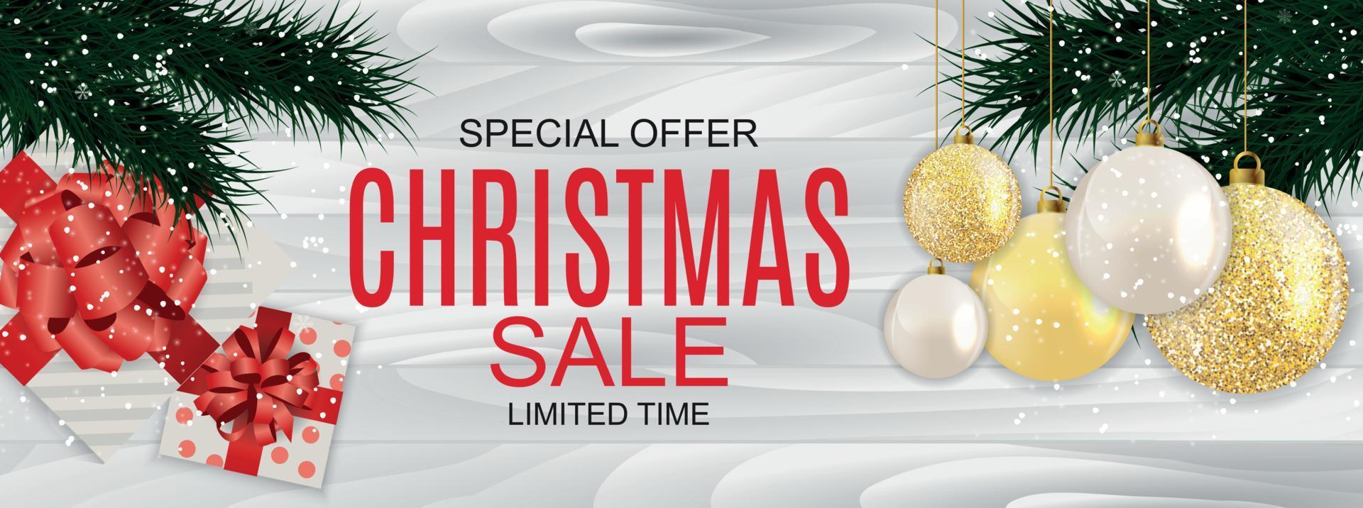 ilustração abstrata do vetor venda de Natal, fundo de oferta especial com caixa de presente e bola dourada. modelo de cartão de desconto quente de inverno