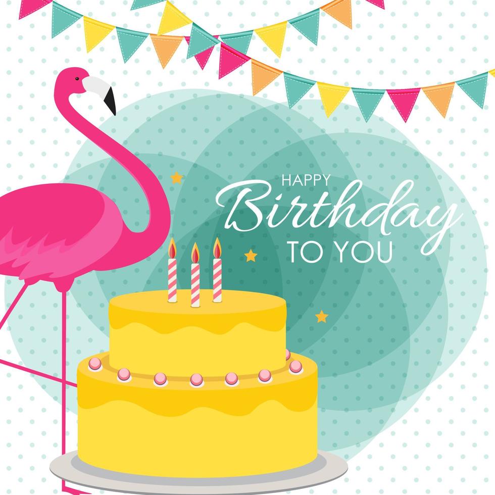 fundo de cartaz de feliz aniversário com bolo colorido e flamingo rosa dos desenhos animados. ilustração vetorial vetor