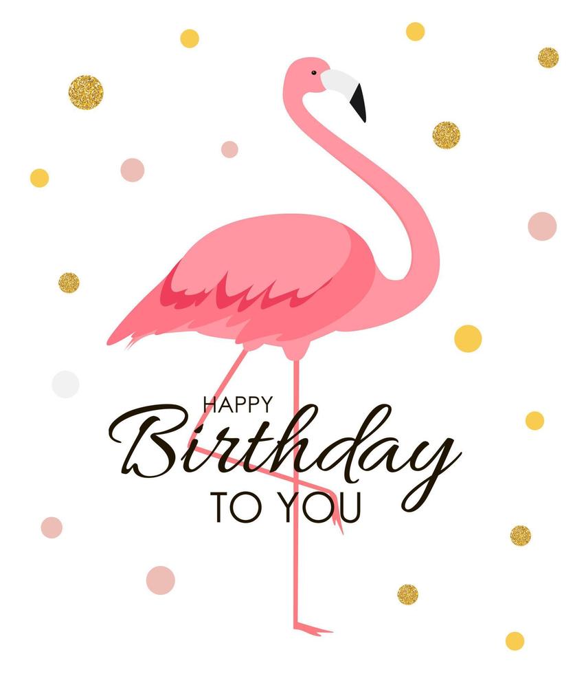 flamingo rosa colorido dos desenhos animados em um cartão de fundo bonito para cumprimentos de aniversário. ilustração vetorial vetor