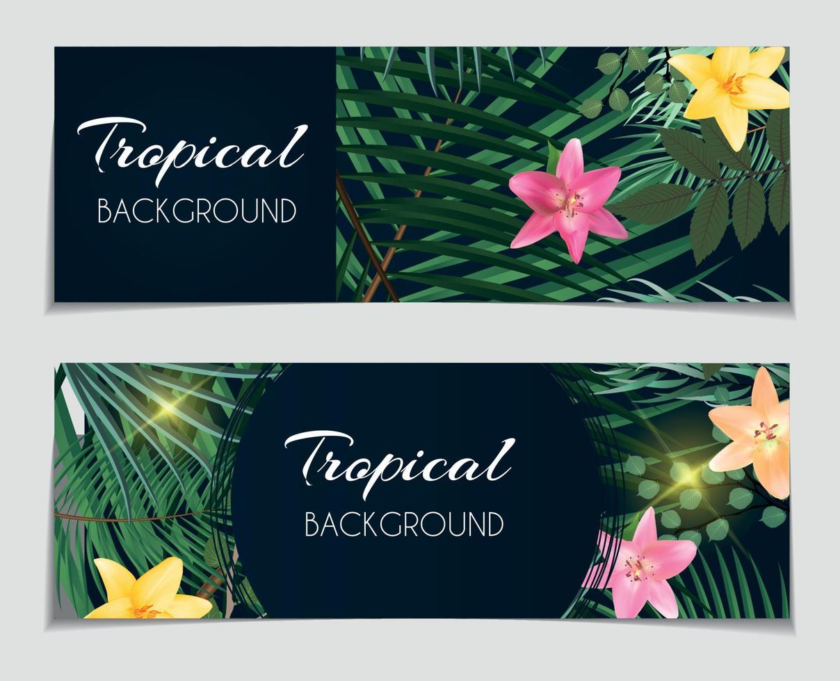 voucher de presente tropical natural abstrato, fundo de cartão de desconto com palm e outras folhas e flores de lírio. ilustração vetorial vetor