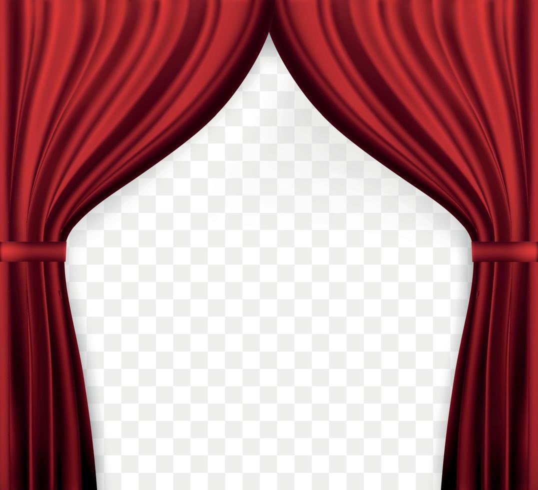 imagem naturalista de cortina, cortinas abertas de cor vermelha em fundo transparente. ilustração vetorial. vetor