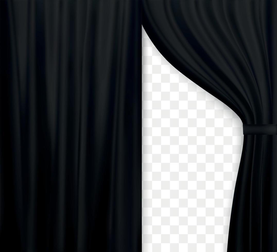 imagem naturalista de cortina, cortinas abertas de cor preta em fundo transparente. ilustração vetorial. vetor