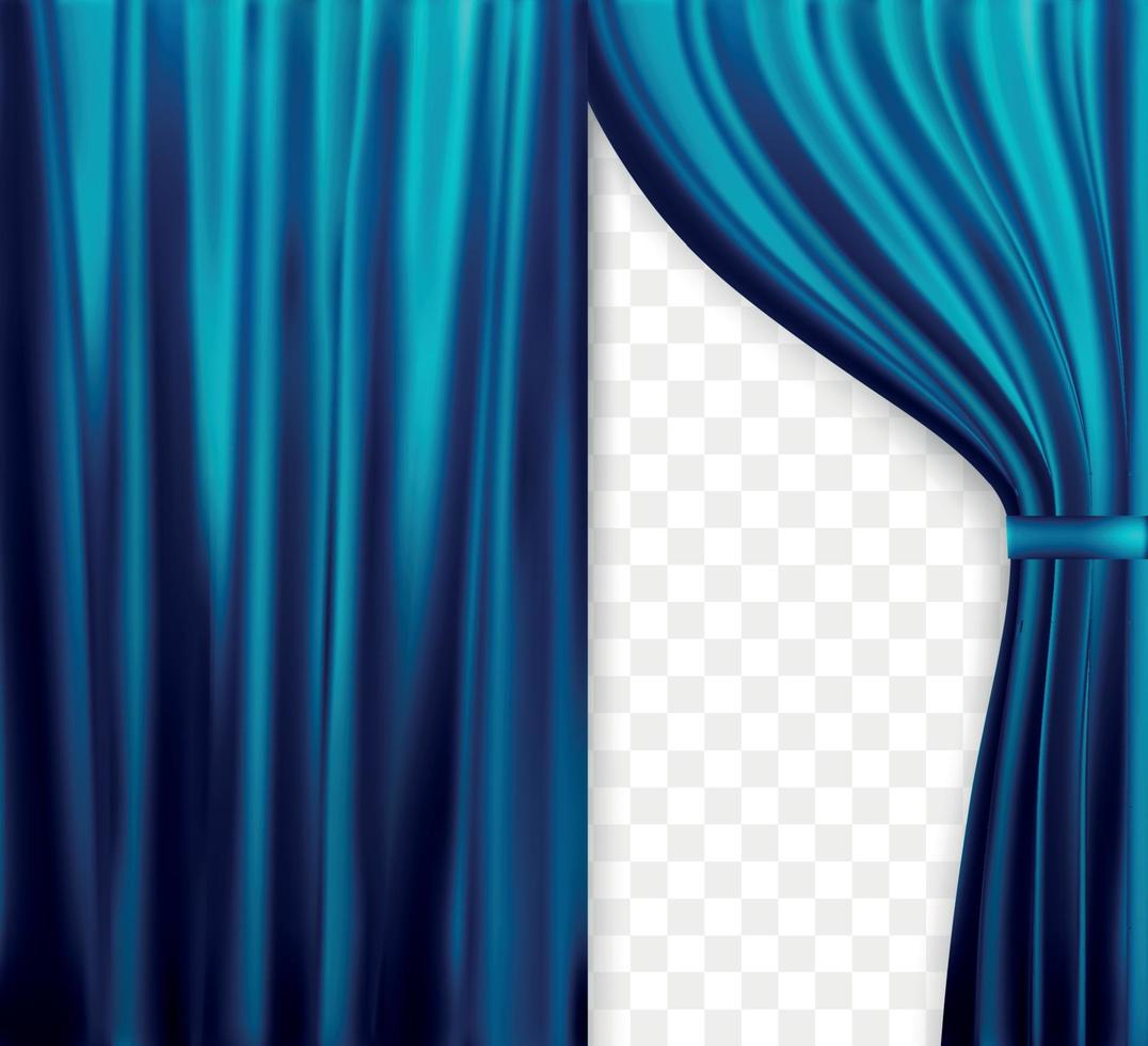 imagem naturalista de cortina, cortinas abertas de cor azul em fundo transparente. ilustração vetorial. vetor