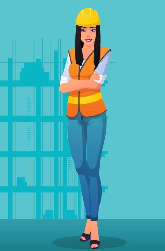 Mulher sorridente trabalhador da construção civil vestindo uniforme de trabalho e capacete imagem ilustração vetorial premium vetor