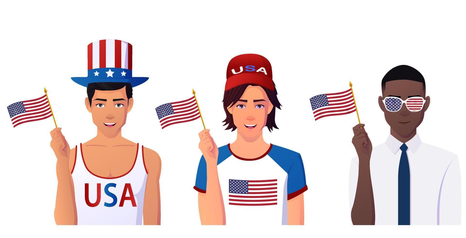 homens multiculturais segurando uma bandeira americana, pessoas usando chapéu e pano nos EUA, comemorando o dia da independência. vetor