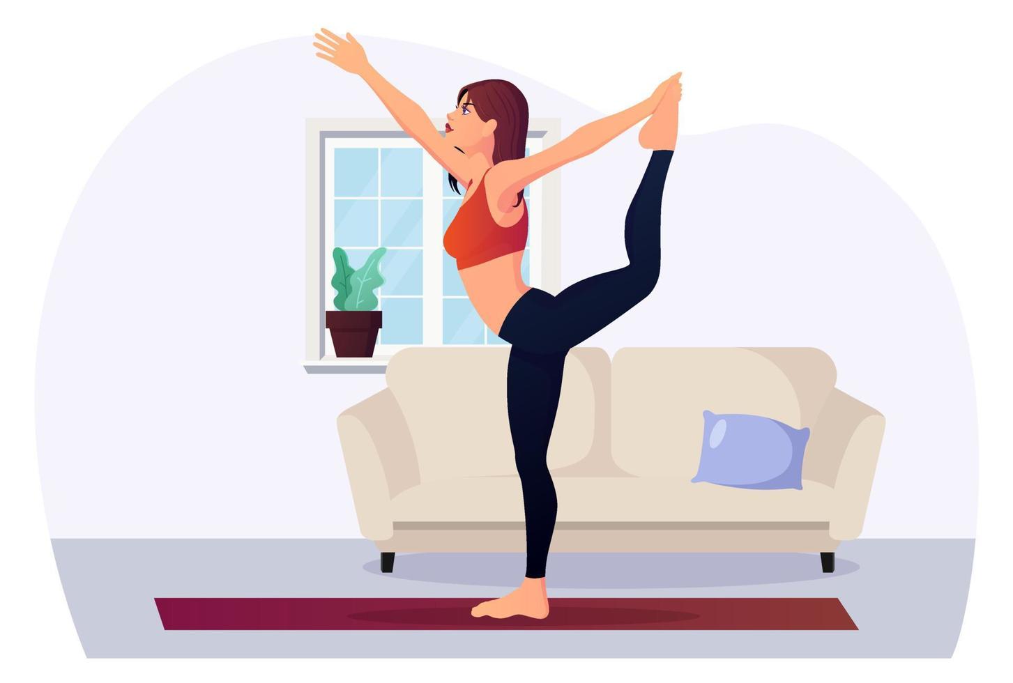 mulher em pose de ioga em casa para ilustração vetorial premium de fitness e saúde vetor