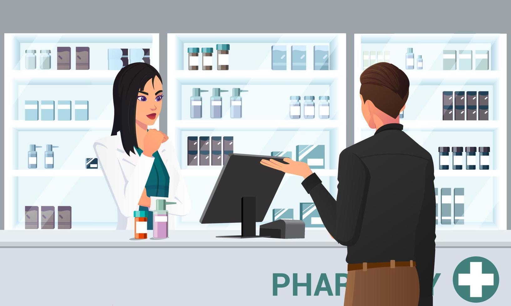 cartoon farmacêutico e cliente no balcão comprando medicamentos no design de farmácia vetor