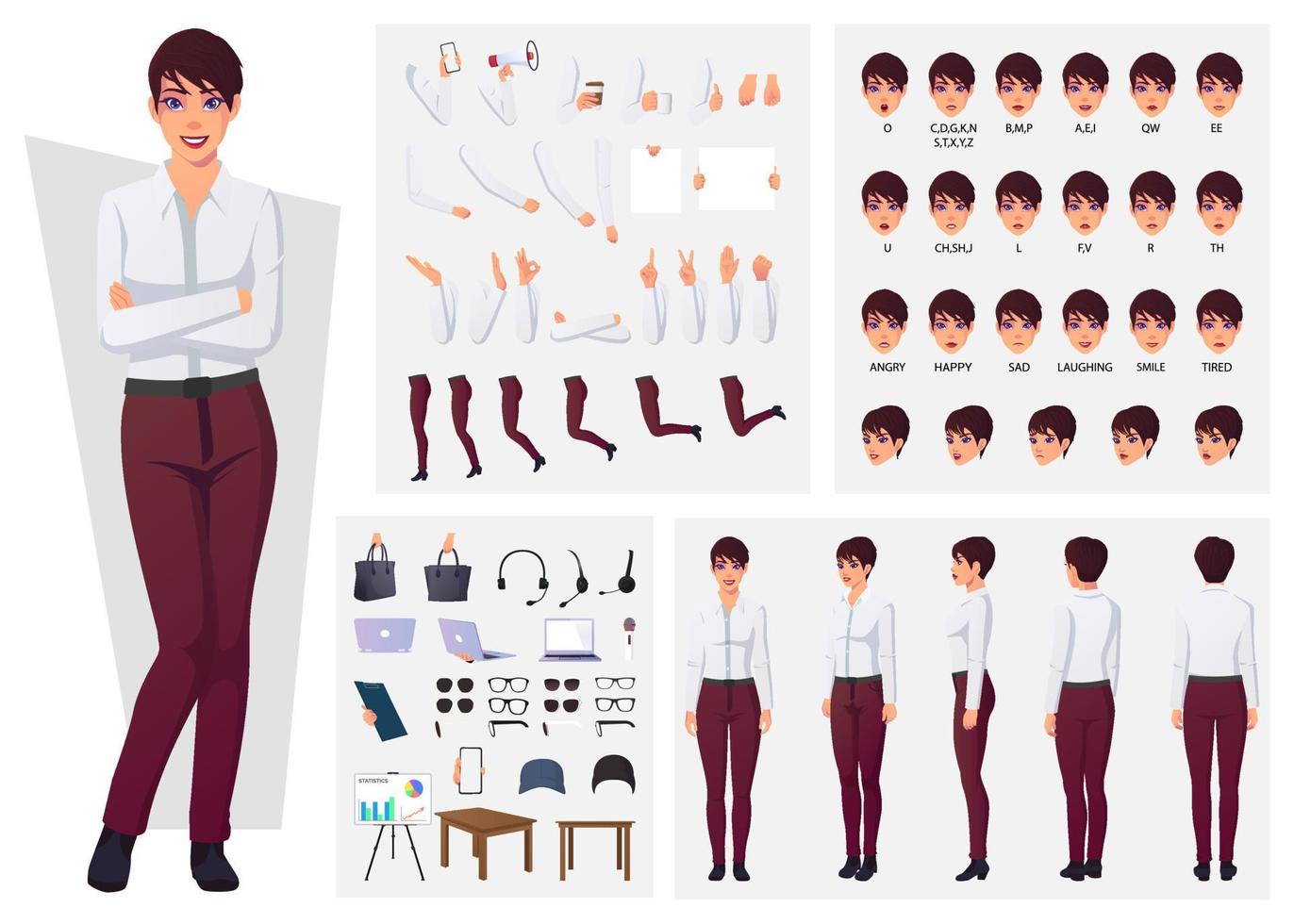 conjunto de criação de personagem com mulher vestindo calça e camisa branca para design de animação e apresentação vetor