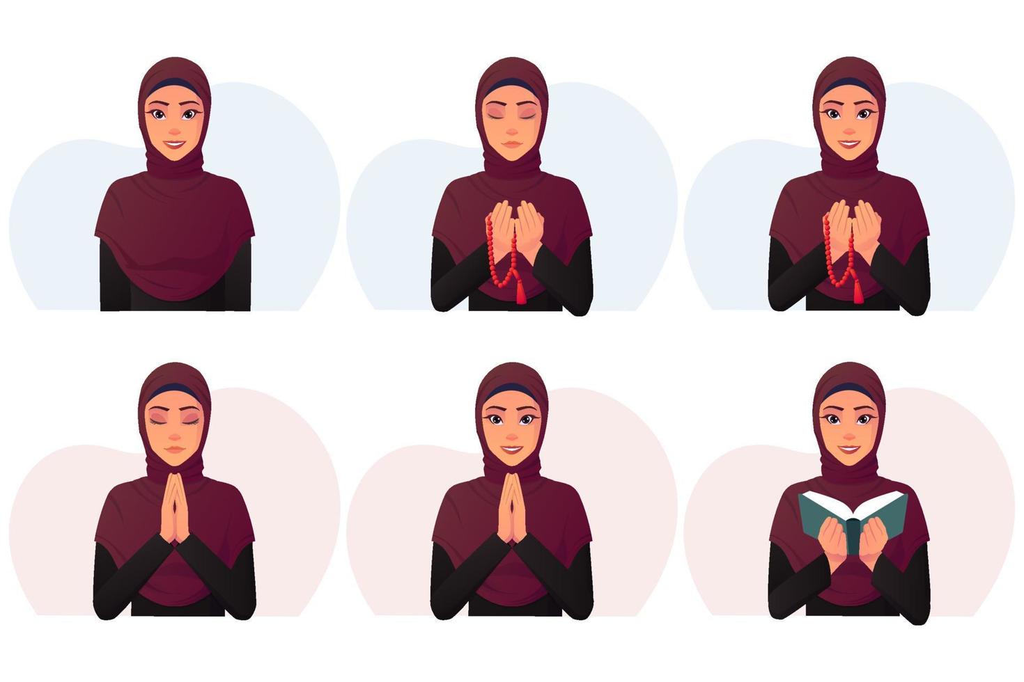 mulher muçulmana de desenho animado usando um vestido preto e um hijab vermelho lendo Alcorão, orando com ilustração em vetor premium pérola.