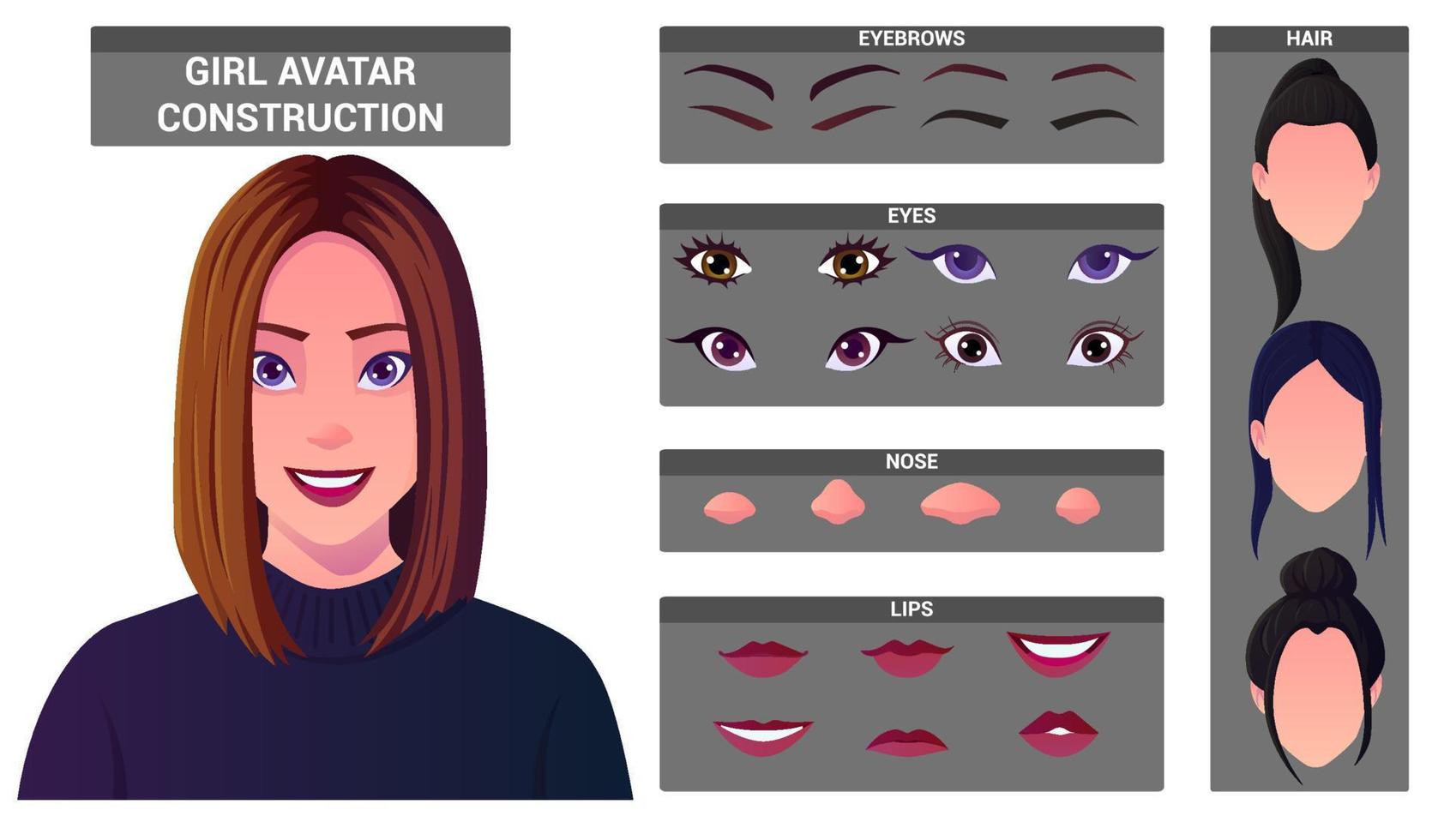 Pacote de construção de rosto de mulher caucasiana para criação de avatar. avatar feminino construído com estilos de cabeça e cabelo, olhos, nariz, boca, sobrancelhas. conjunto de vetores premium.