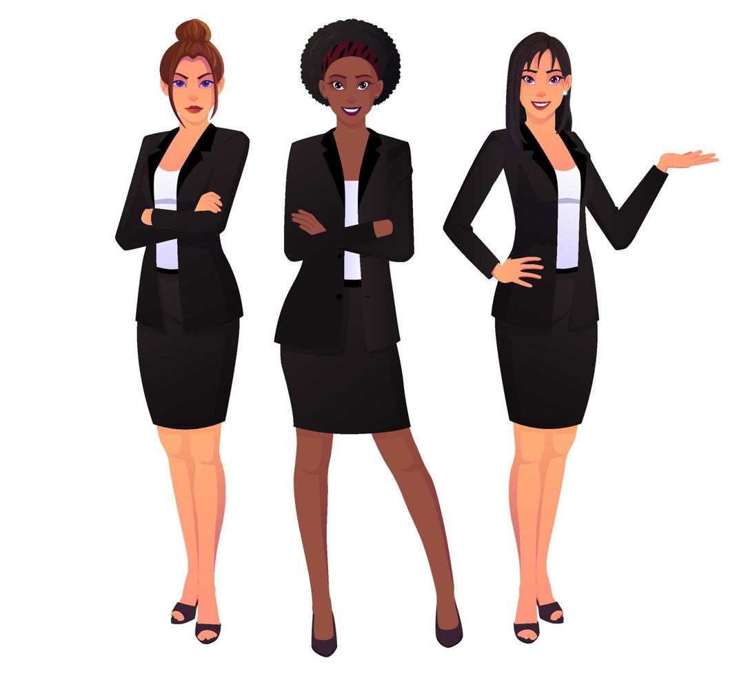 mulheres de negócios vestindo ternos pretos em pose de ação. ilustração de mulher corporativa caucasiana, asiática e negra. vetor