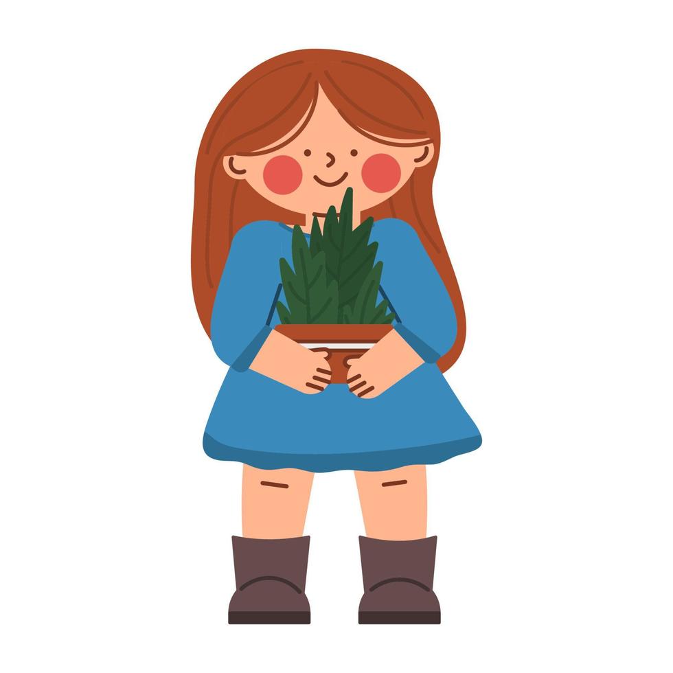 pequena menina adolescente característica engraçada com plantas em uma panela carrinhos e sorrisos. ilustração vetorial no estilo cartoon. vetor