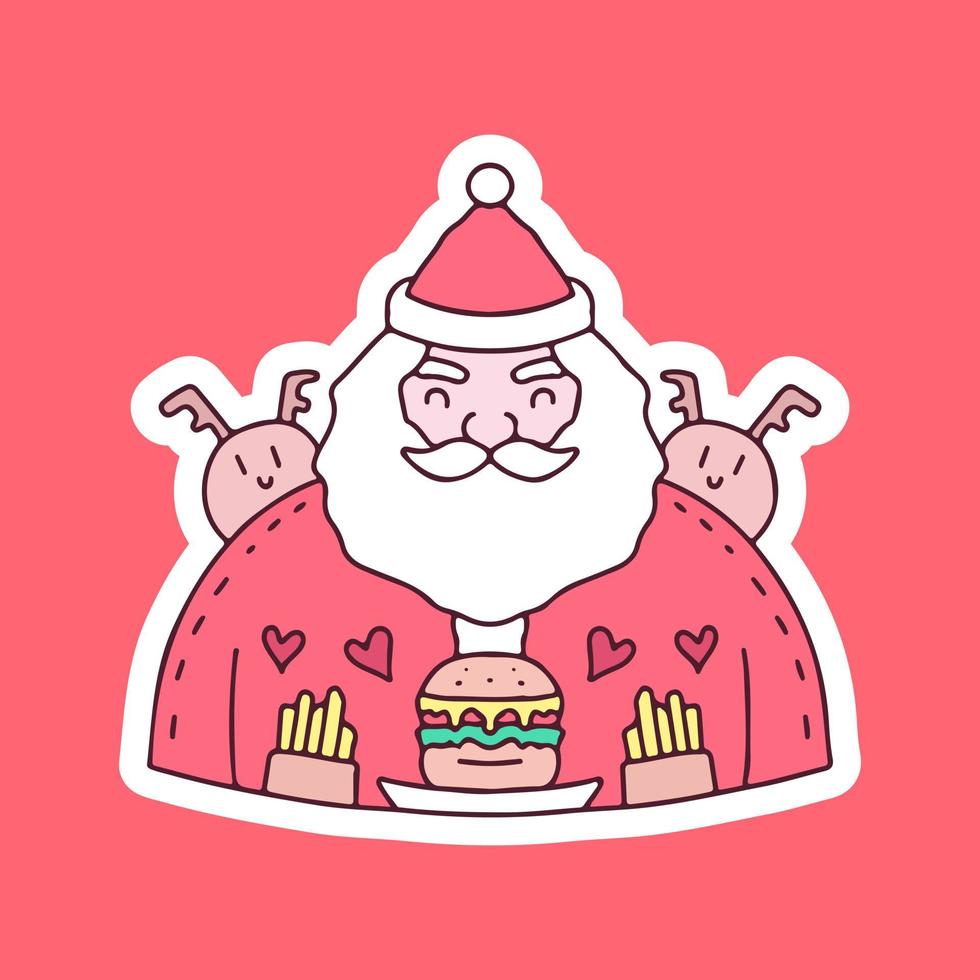 Papai Noel e renas com batatas fritas e ilustração de hambúrguer. gráficos vetoriais para impressões de camisetas e outros usos. vetor