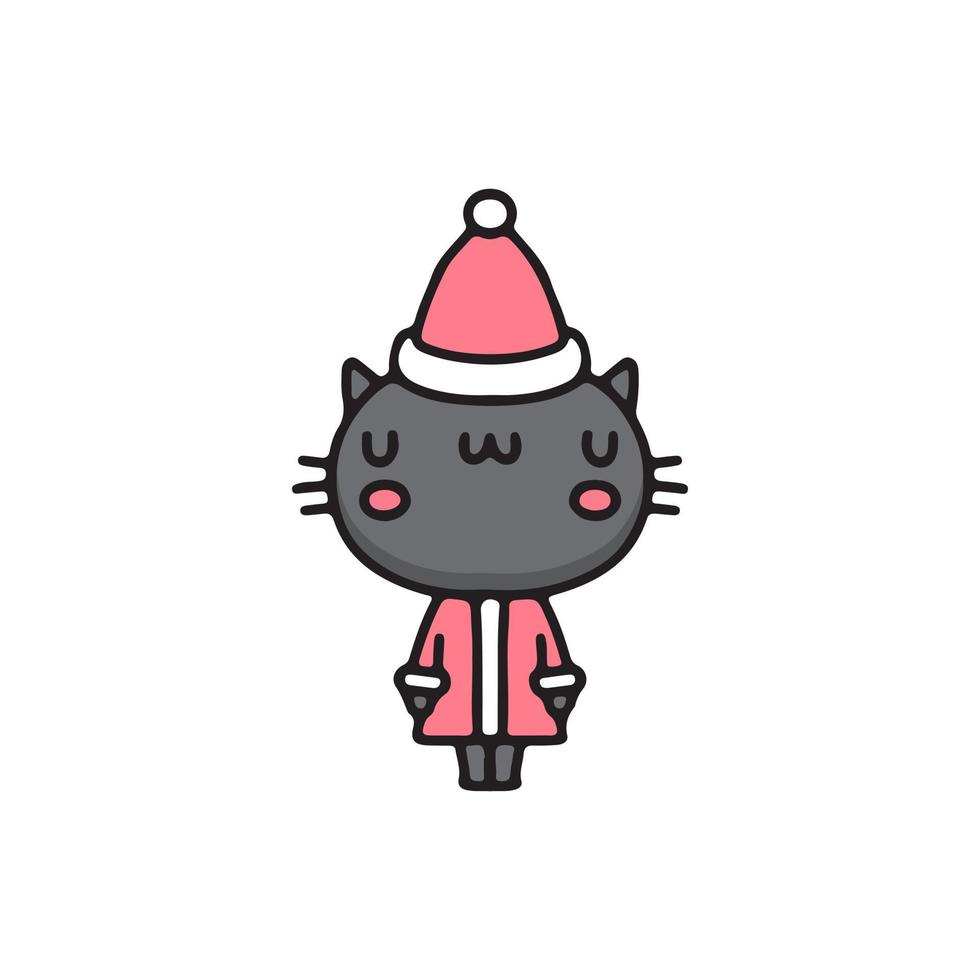 gato preto kawaii comemora o natal. desenhos animados para adesivo. vetor