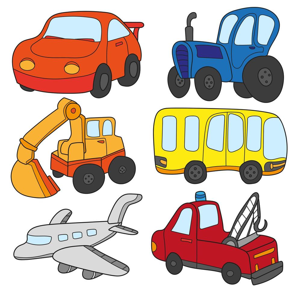 coleção de carros dos desenhos animados. vetor do tema transporte com carro, caminhão, ônibus