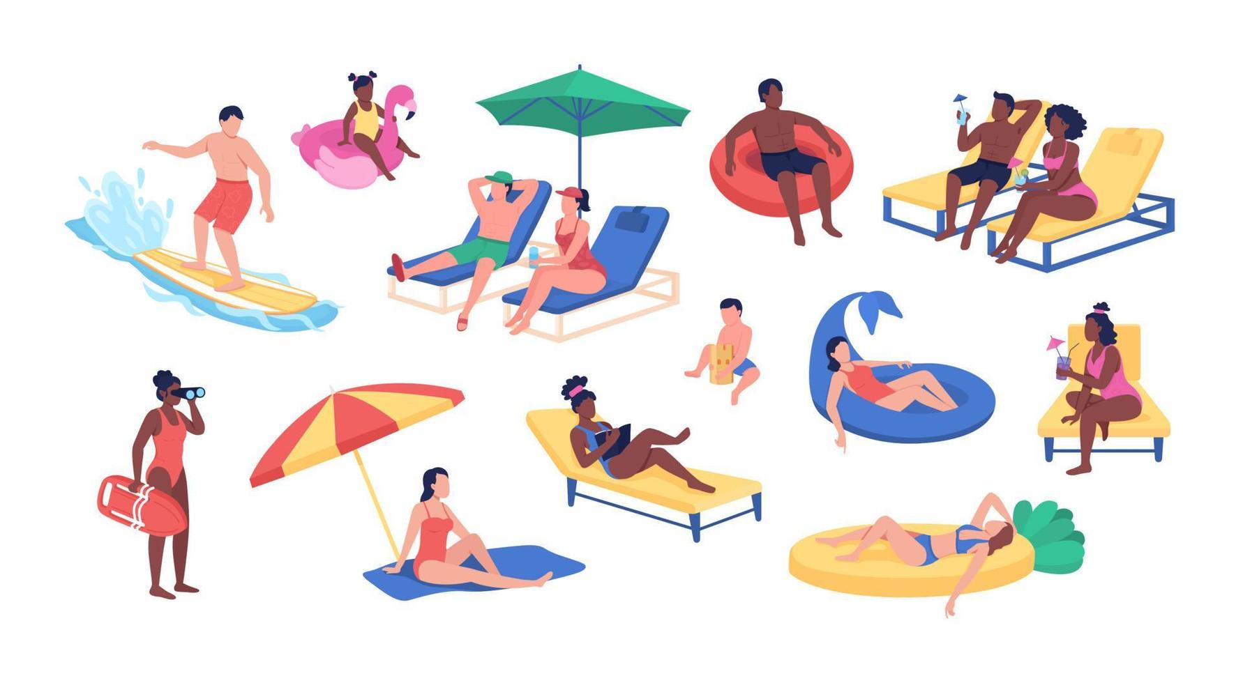 atividades de praia conjunto de caracteres de vetor de cor semi plana. posando figuras. pessoas de corpo inteiro em branco. ilustração de estilo cartoon moderno isolado verão para coleção de design gráfico e animação