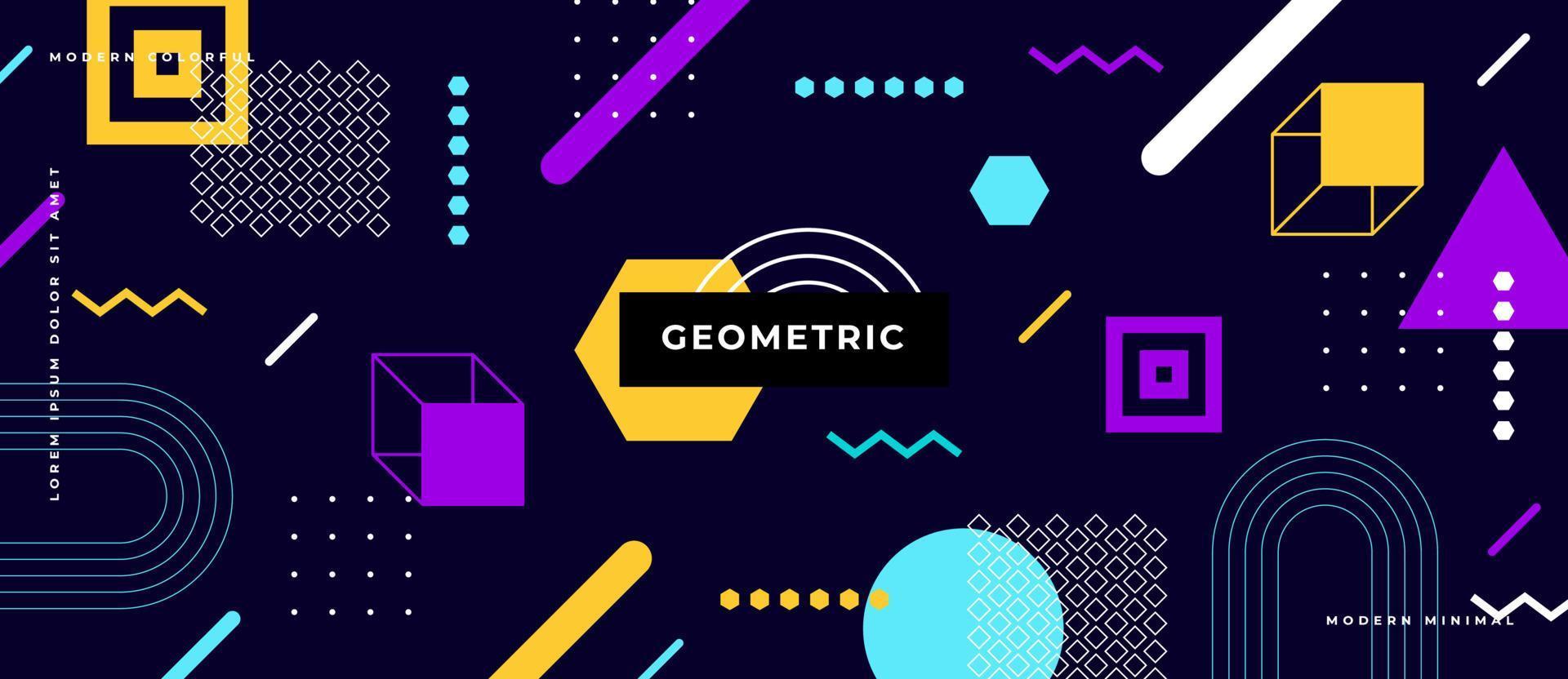 estilo memphis colorido, padrão geométrico sem emenda, ponto, linha, círculo, quadrado em fundo roxo estilo retro dos anos 80. vetor