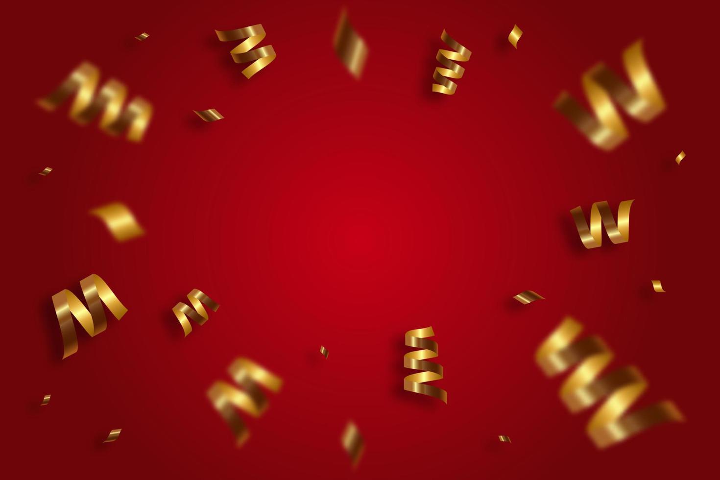 caindo confete dourado brilhante, fita, serpentina sobre fundo vermelho. ouropel festivo brilhante de cor dourada. vetor