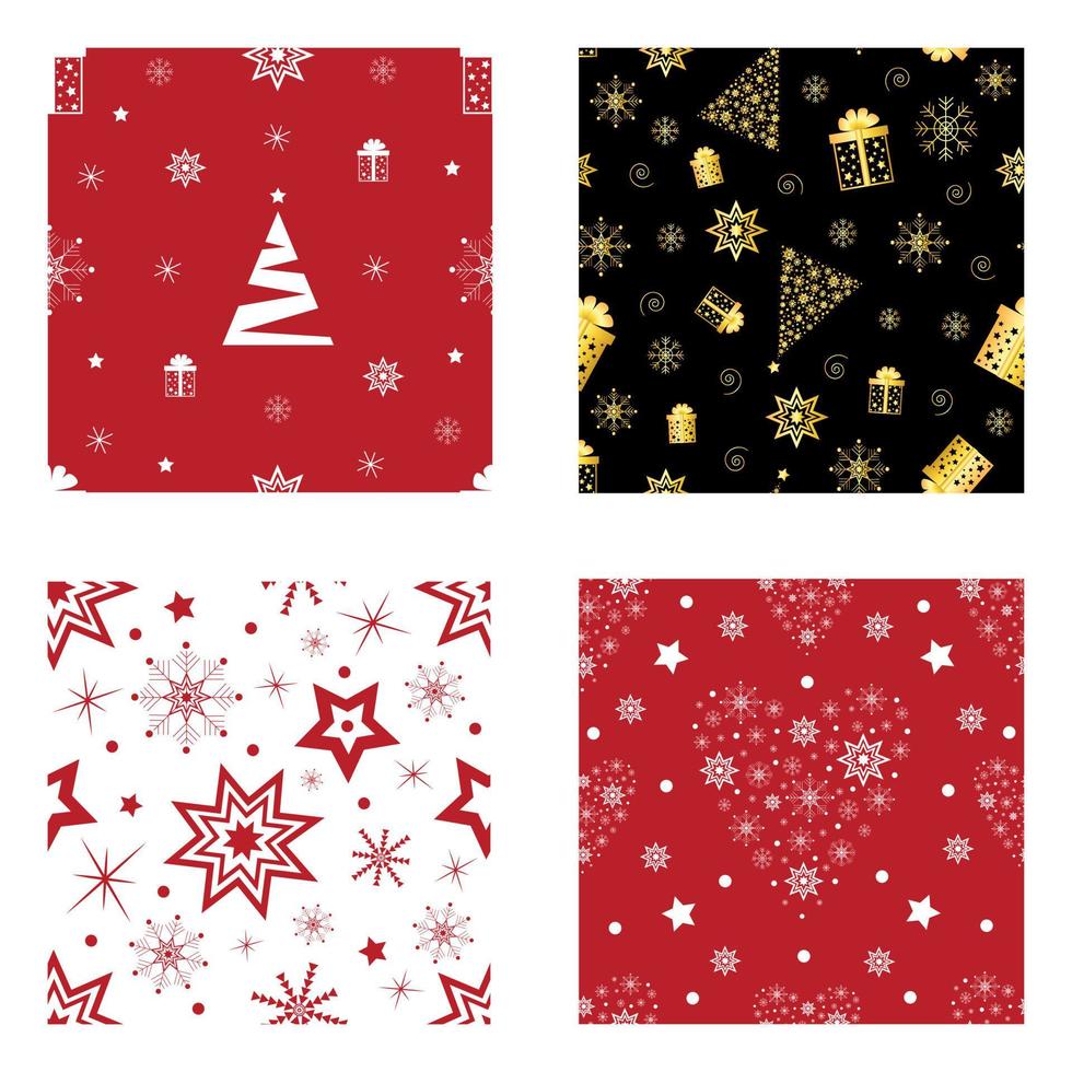 conjunto de padrões sem emenda de Natal. caixas de presente, árvore, estrelas, flocos de neve, em fundos vermelhos, pretos e brancos. para papel de embrulho de saudação e têxteis. ilustração do vetor de férias.