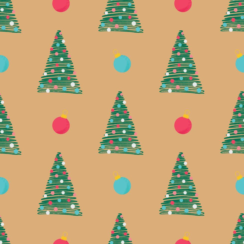 Natal sem costura padrão com pequena mão desenhada pinheiro verde e brinquedo de Natal. ilustração vetorial para papel de embrulho, papel de parede, toalha de mesa, etc. vetor