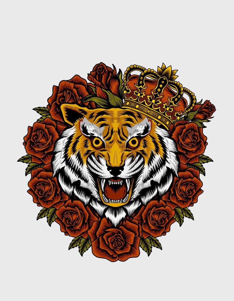 ilustração vetorial rei tigre com flor rosa vetor