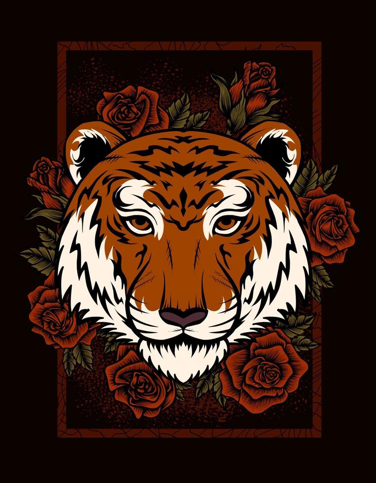 ilustração vetorial cabeça de tigre vintage com flor rosa vetor