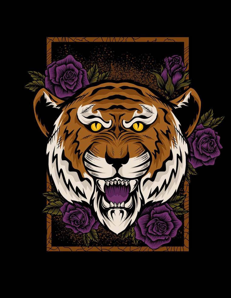 ilustração vetorial cabeça de tigre com flor rosa vetor