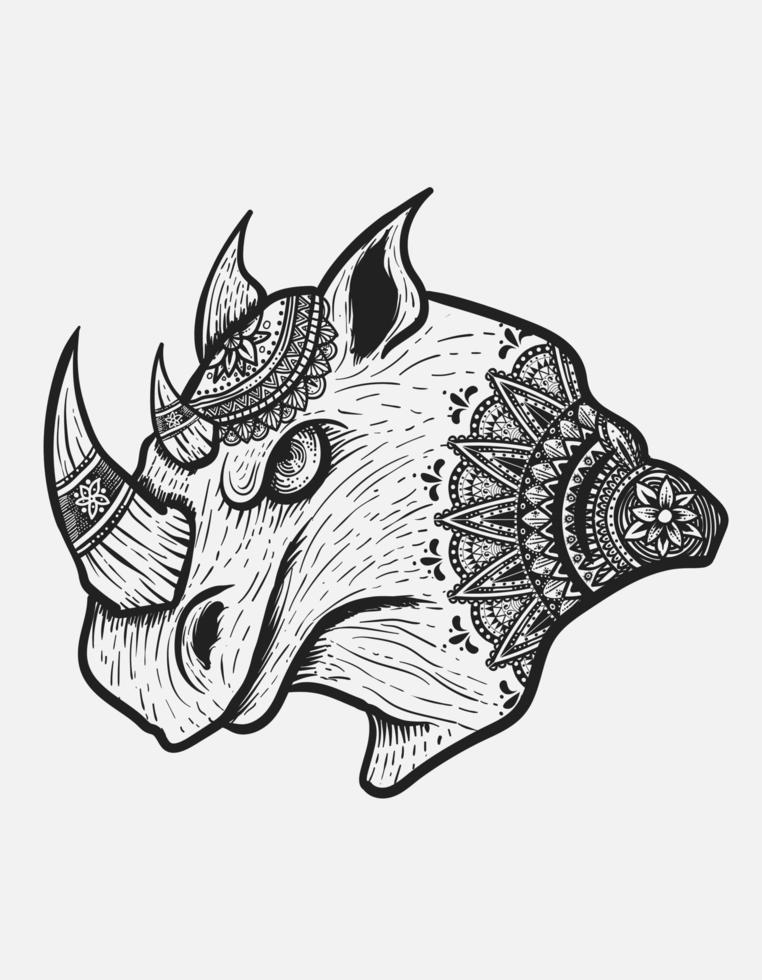 ilustração vetorial cabeça de rinoceronte com estilo mandala zentangle vetor