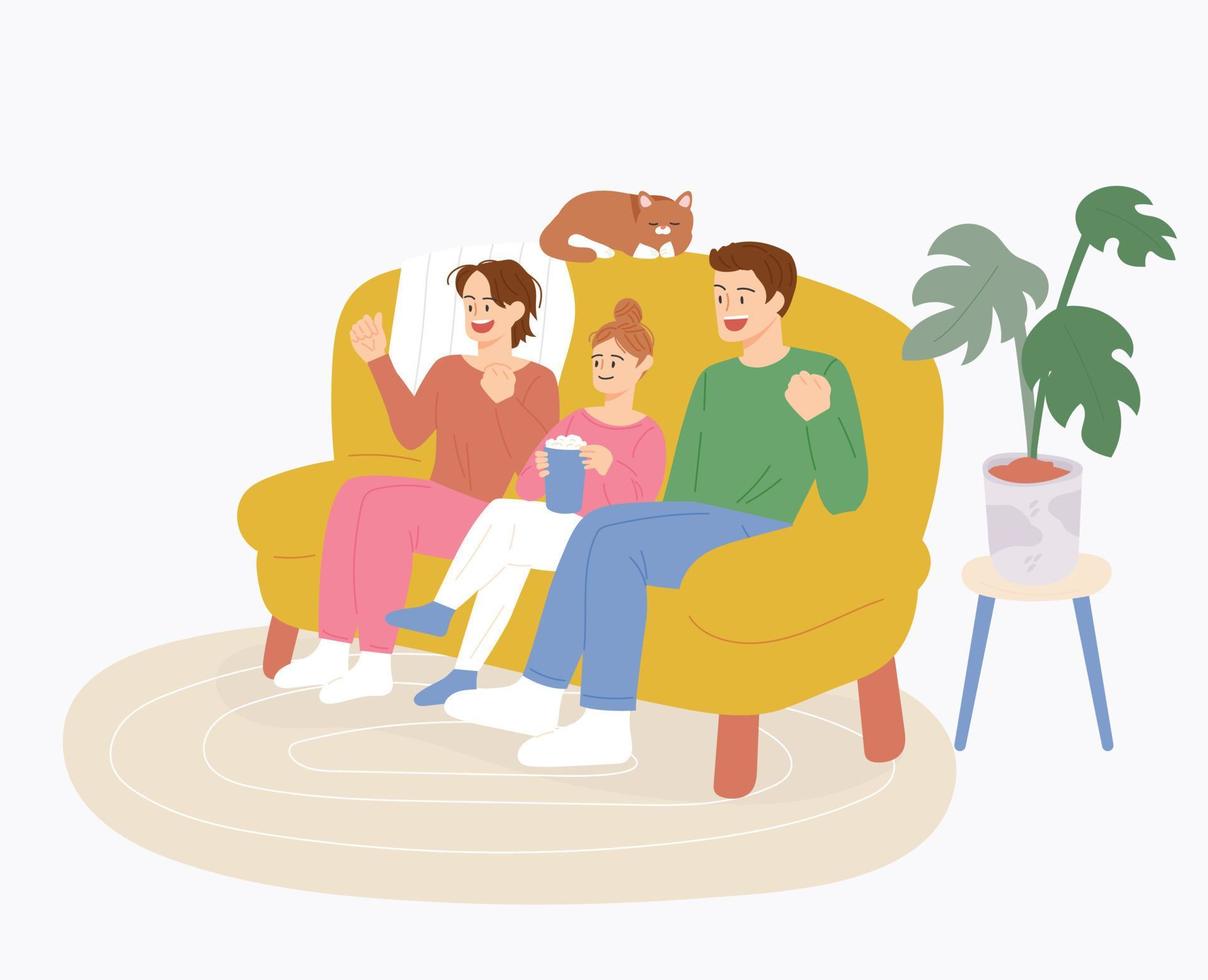 a família está sentada no sofá junta e assistindo tv, se divertindo. vetor