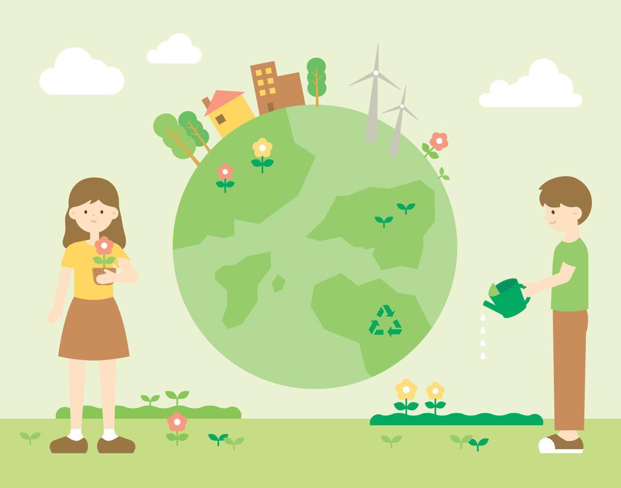 um menino e uma menina estão cuidando de plantas ao redor do globo. vetor