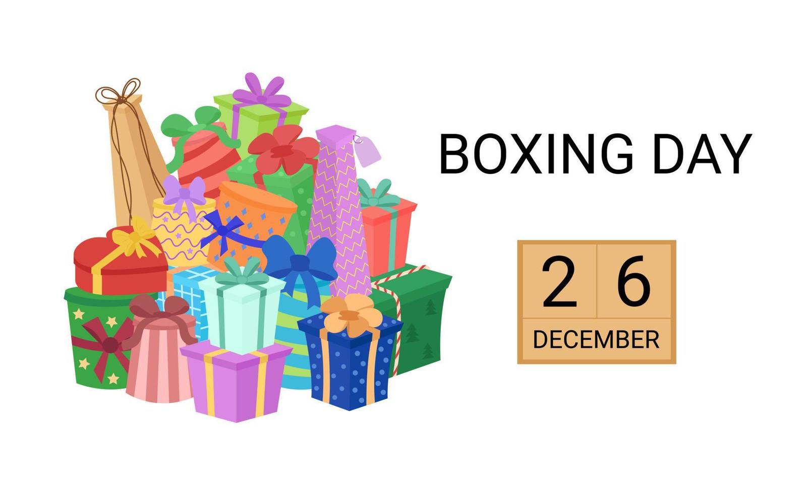 boxing day 26 de dezembro. pilha de caixas de presente e texto com calendário. pilha de gifbox colorido apresenta-se no fundo branco. ilustração vetorial vetor