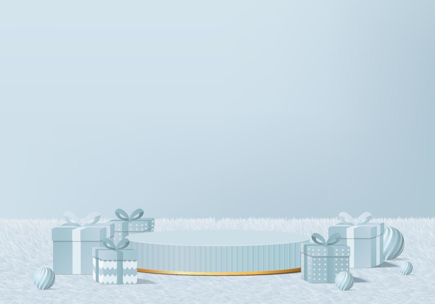 natal cena 3d renderizada mínima com caixa de presente e plataforma de pódio. árvore de Natal fundo vetor renderização em 3d com pódio de ouro. estande para mostrar produtos. vitrine 3d de natal em pedestal azul
