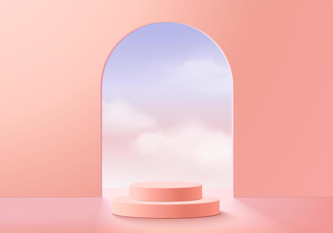 vetor de fundo 3d renderização rosa com pódio e cena de nuvem mínima, fundo de exibição de produto mínimo 3d renderizado forma geométrica céu nuvem rosa pastel. estágio 3D render produto na plataforma