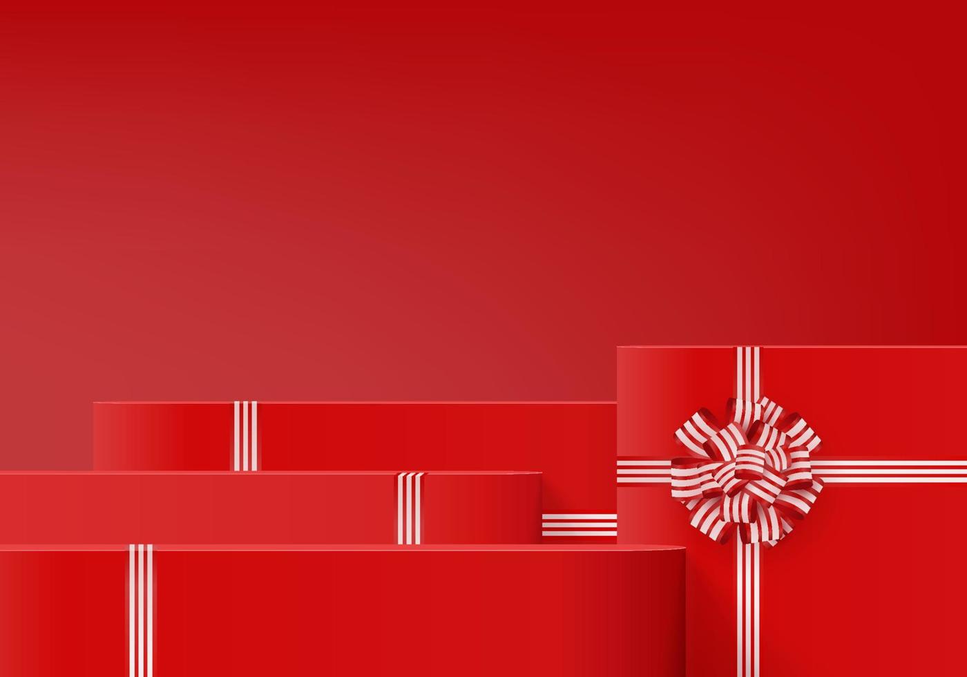 Caixa de presente de fundo 3D com produto de exibição de arco vermelho para o Natal. produto exibir fundo vetor renderização em 3d com mínimo estúdio de pódio. significa cosmético em caixa de presente vermelha no dia de ano novo