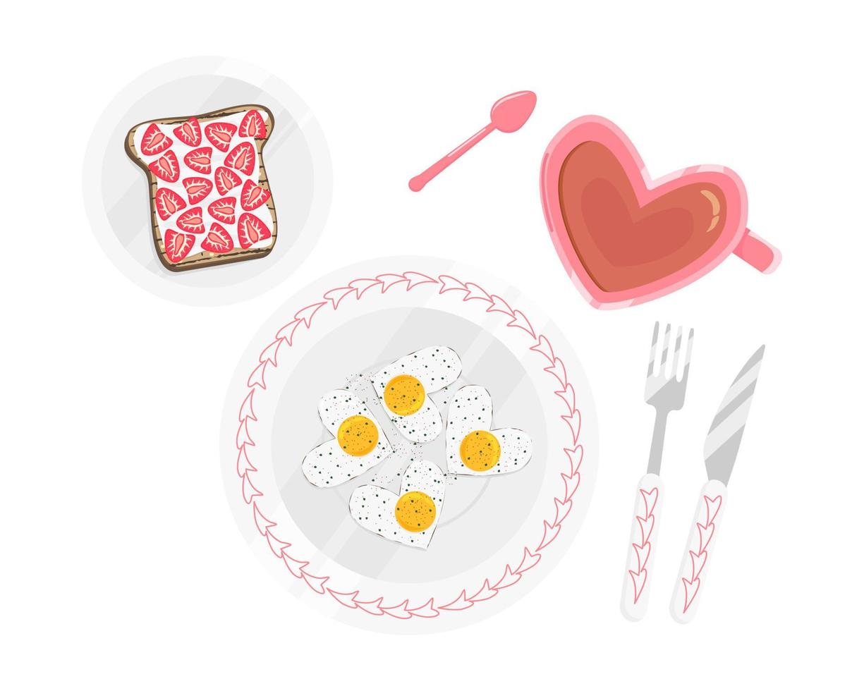 ilustração em vetor plana de café da manhã perfeito isolado no fundo branco. brunch com ovos como corações, torrada de pão com cream cheese e morango e caneca de chá verde. utilizável para banner