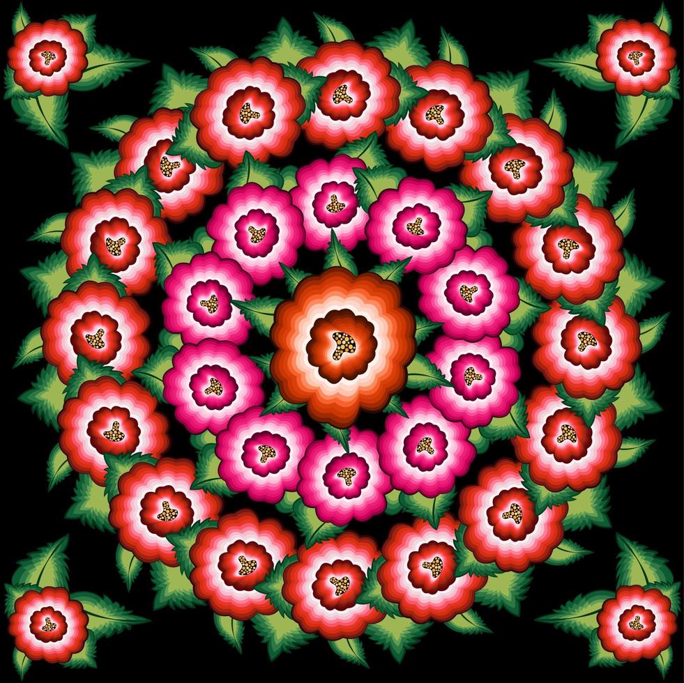 padrão de bordado floral mexicano, étnico colorido mandala flores nativas design de moda popular. bordado estilo têxtil tradicional do México, vetor isolado em fundo preto