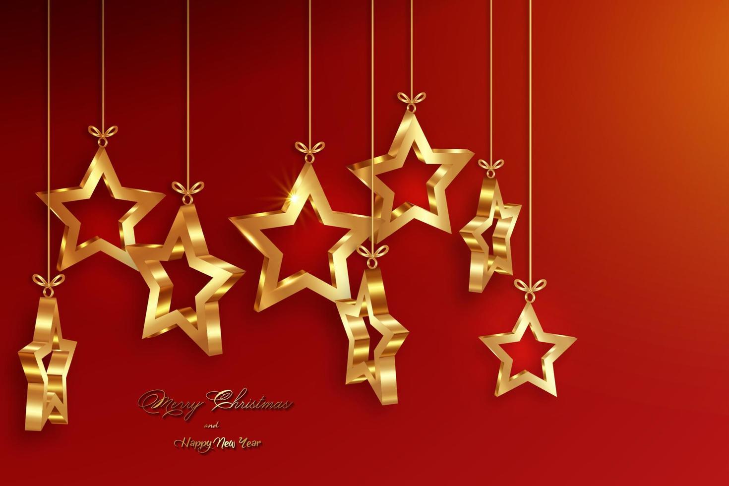 bolas de natal em forma de estrelas 3d, banner de férias de luxo de natal com estrela dourada definida, feliz Natal e cartão de feliz ano novo. ilustração vetorial de luxo dourado isolada em fundo vermelho vetor