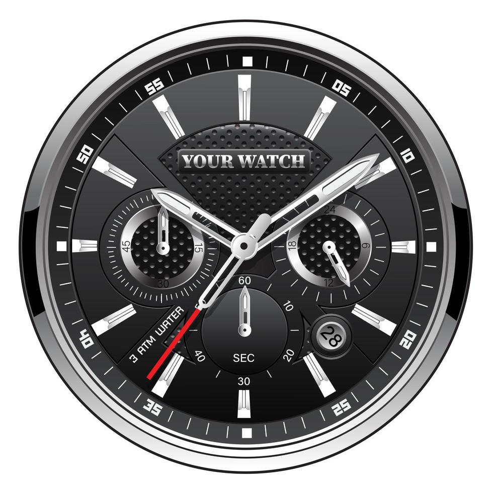 luxo prata preto realista relógio face cronógrafo no vetor de fundo branco