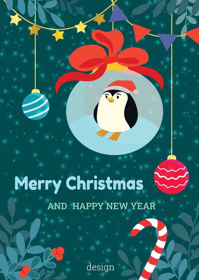 um pinguim com um boné vermelho em uma bola de árvore de Natal de vidro em um galho. ilustração vetorial. vetor