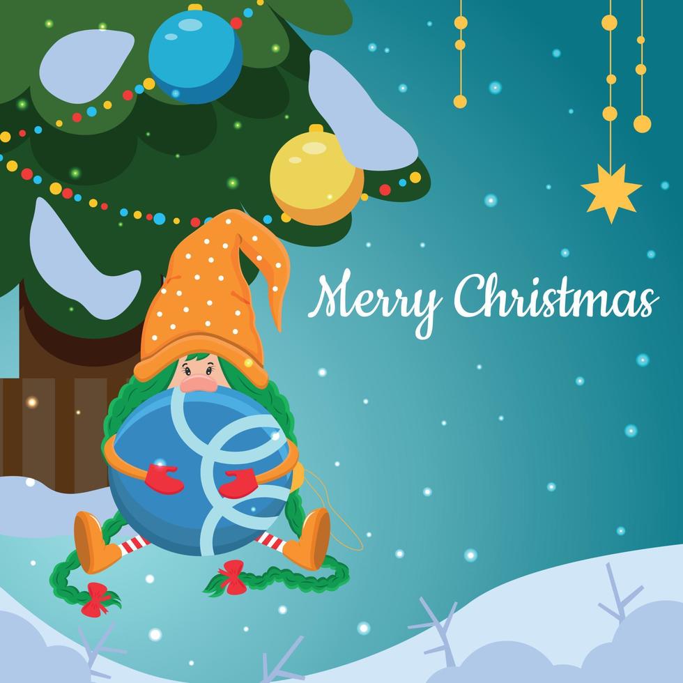 vetor cartão de natal com uma gnomela tímida e uma árvore de natal