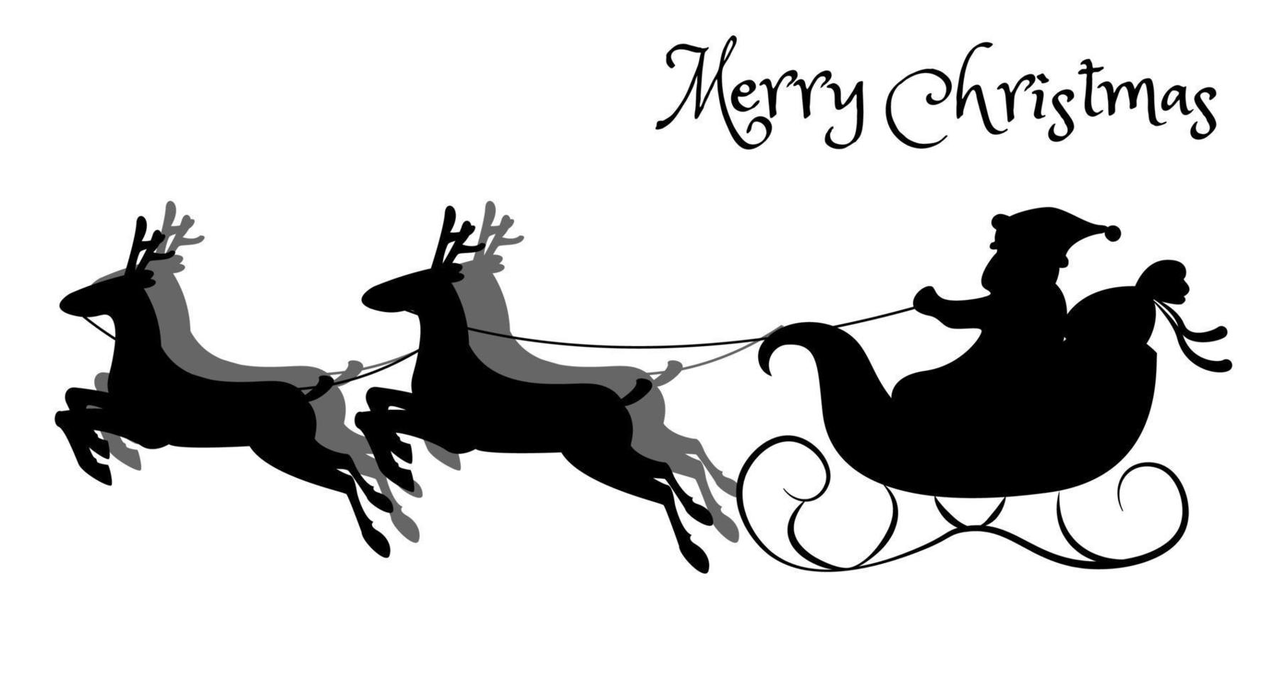 Papai Noel em um trenó puxado por renas. carrega presentes de natal e ano novo. a silhueta é desenhada à mão. Isolado em um fundo branco. vetor. vetor