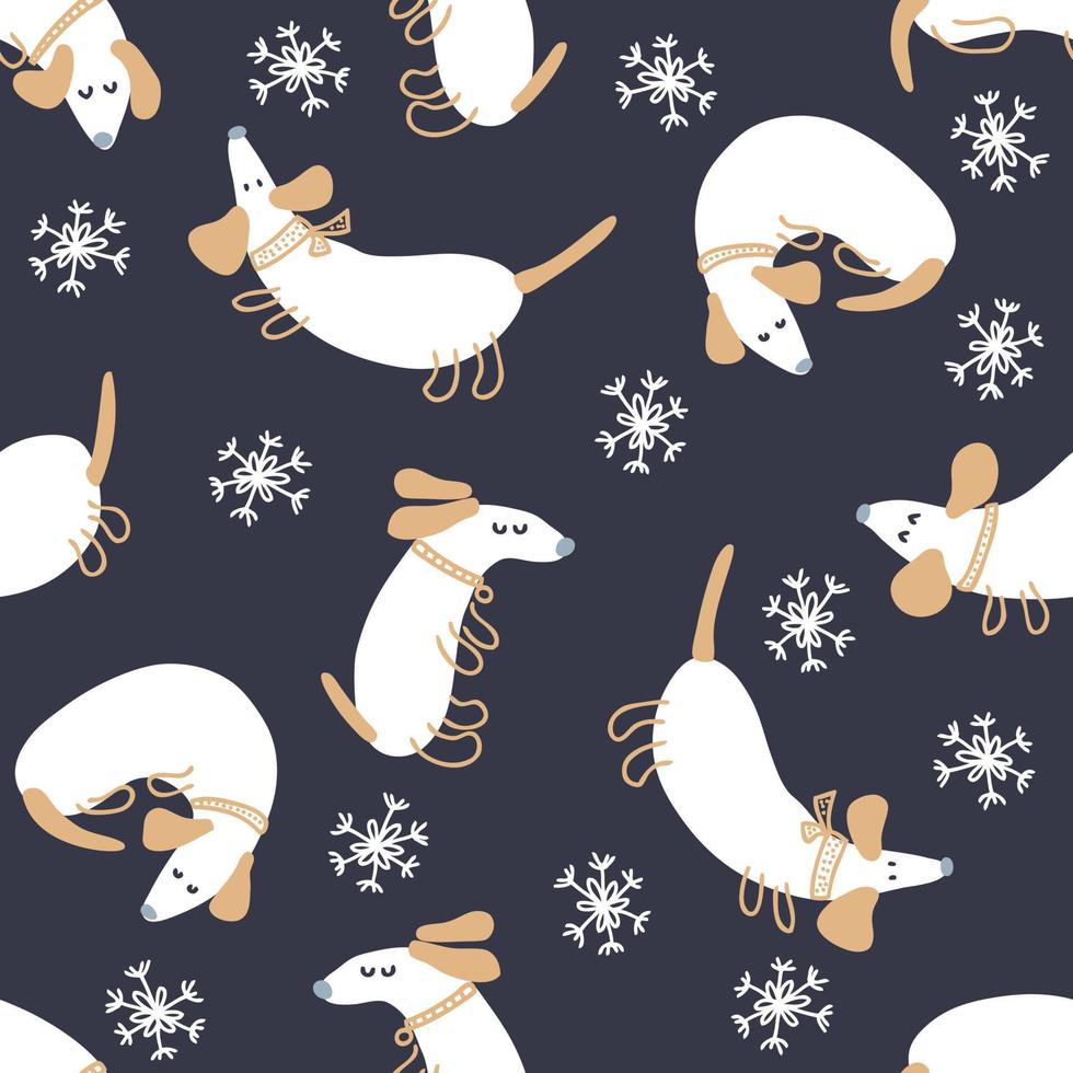 doodle padrão sem emenda de inverno com bassês e flocos de neve. vetor