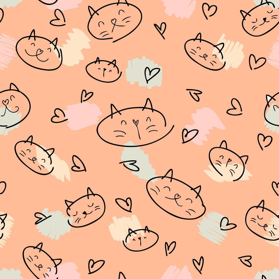 doodle padrão sem emenda de gatos, corações e manchas coloridas. vetor