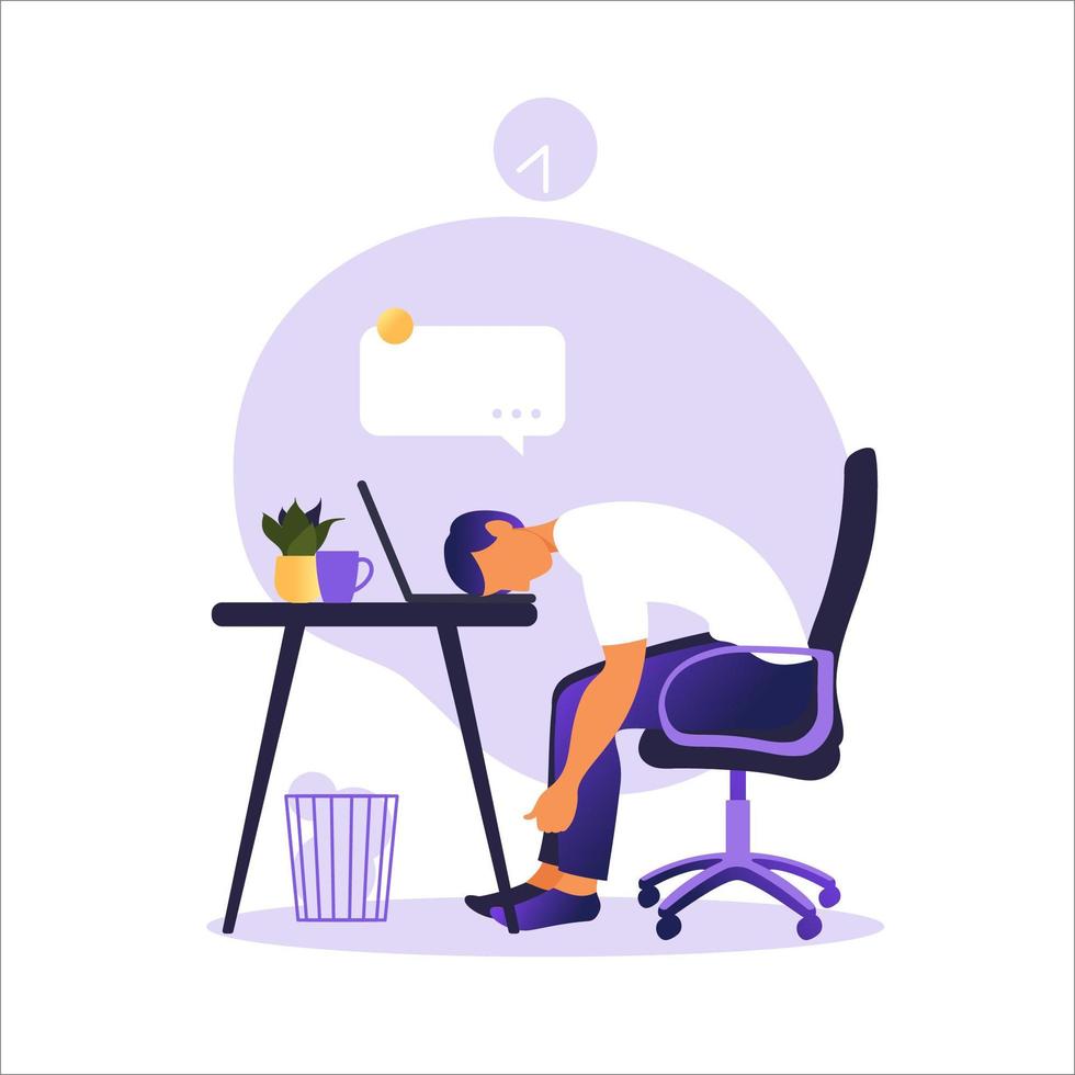 síndrome de burnout profissional. ilustração trabalhador de escritório cansado sentado à mesa. trabalhador frustrado, problemas de saúde mental. ilustração do vetor no apartamento.