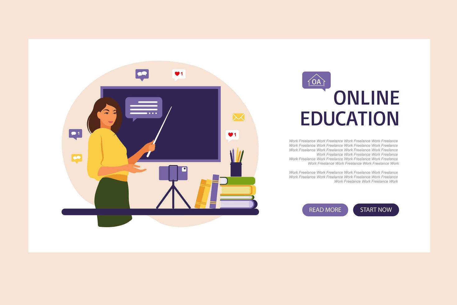 conceito de aprendizagem online. página inicial de educação online. professor no quadro-negro, vídeo aula. estudo a distância na escola. ilustração vetorial. estilo simples. vetor