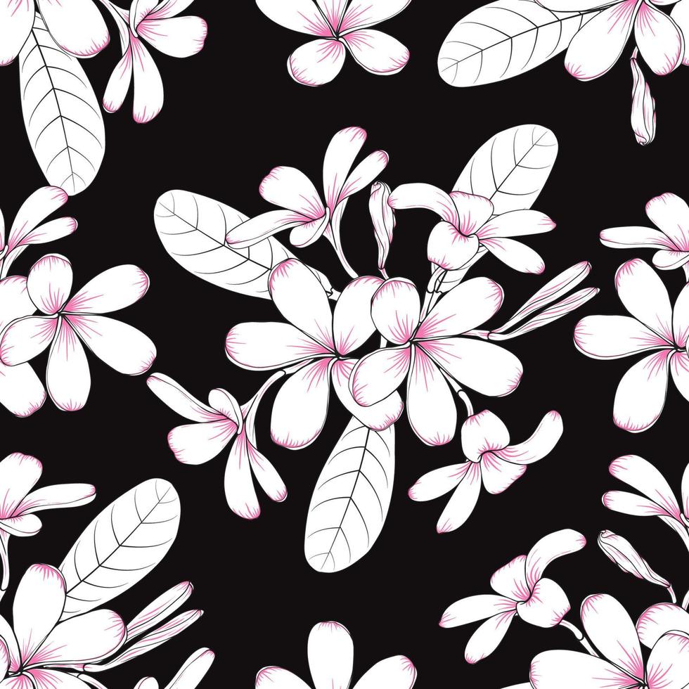 padrão sem emenda floral com fundo abstrato de flores de frangipani. Ilustração em vetor linha desenhada à mão.