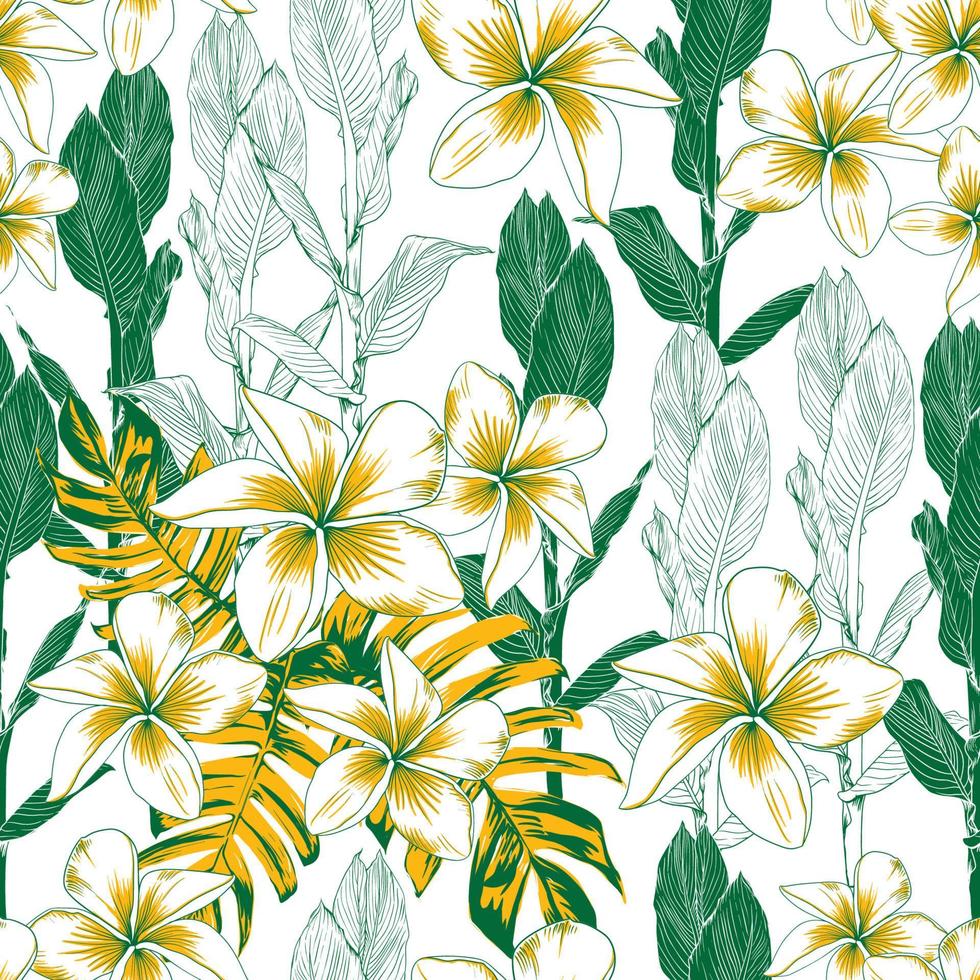 flores de frangipani floral padrão sem emenda e fundo abstrato de folha de lilly canna. ilustração vetorial desenho de mão em aquarela. design de moda em tecido vetor