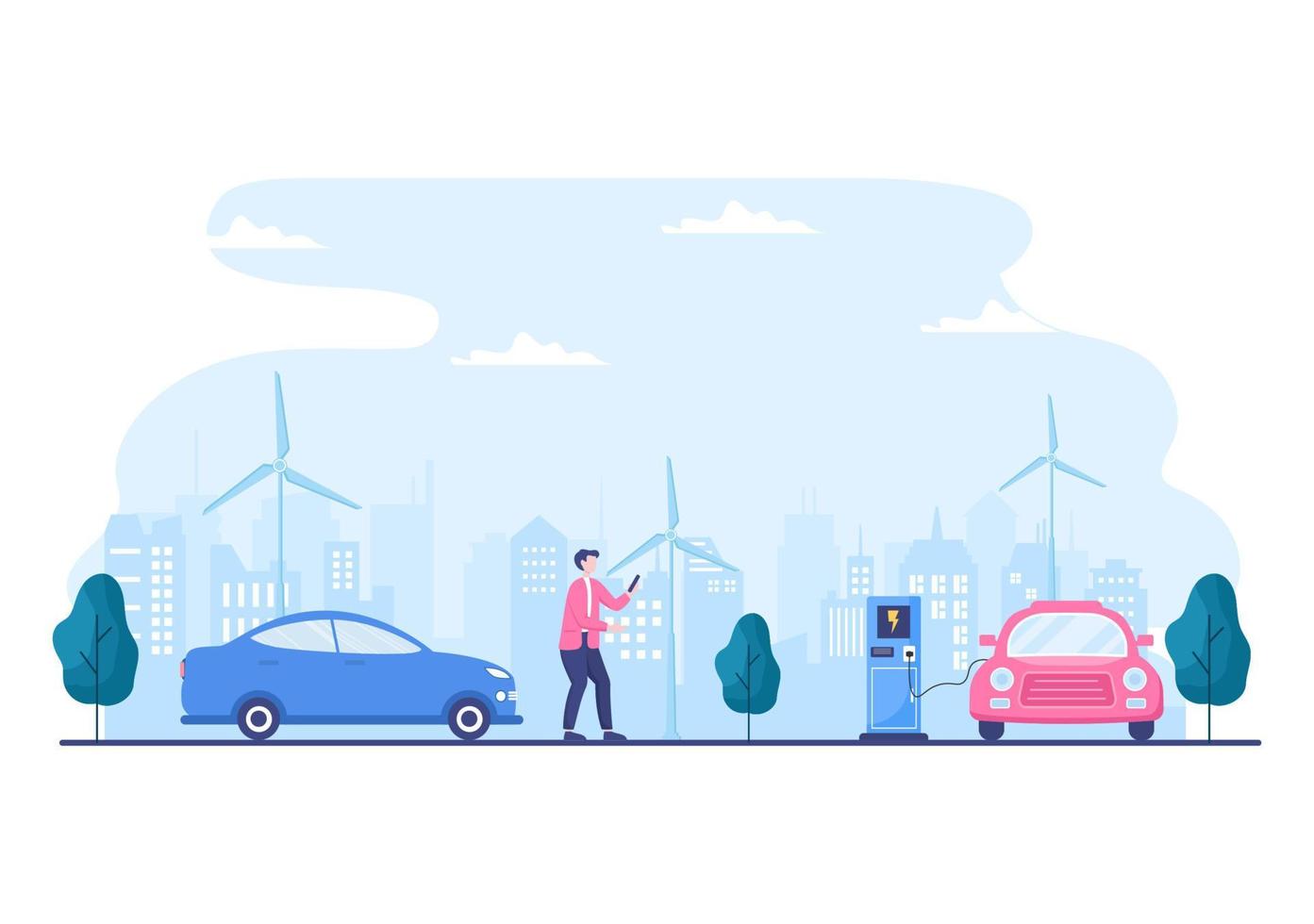 carregar baterias de carros elétricos com o conceito de carregador e plugues de cabo que usam meio ambiente verde, ecologia, sustentabilidade ou ar limpo. ilustração vetorial vetor
