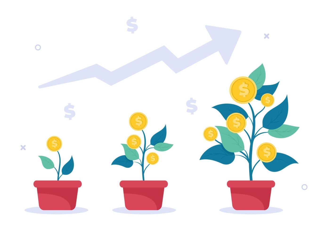 árvore do dinheiro de negócios financeiros investimento lucro design plano ilustração vetorial com notas de dólar e moedas de ouro para cartaz ou plano de fundo vetor